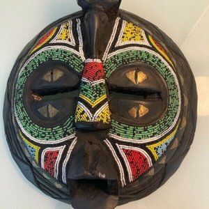 Authentic Hand-Carved Wood Mask Brass Beads Ghana
